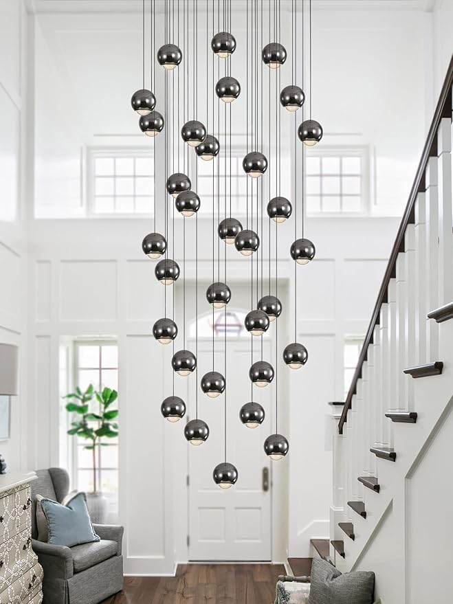 Farmhouse Crystal Chandelier, Luxury Hanging Lights High Ceiling Pendant Lighting for Foyer Staircase 32 Lights Black Dimmable 2700k-6000k