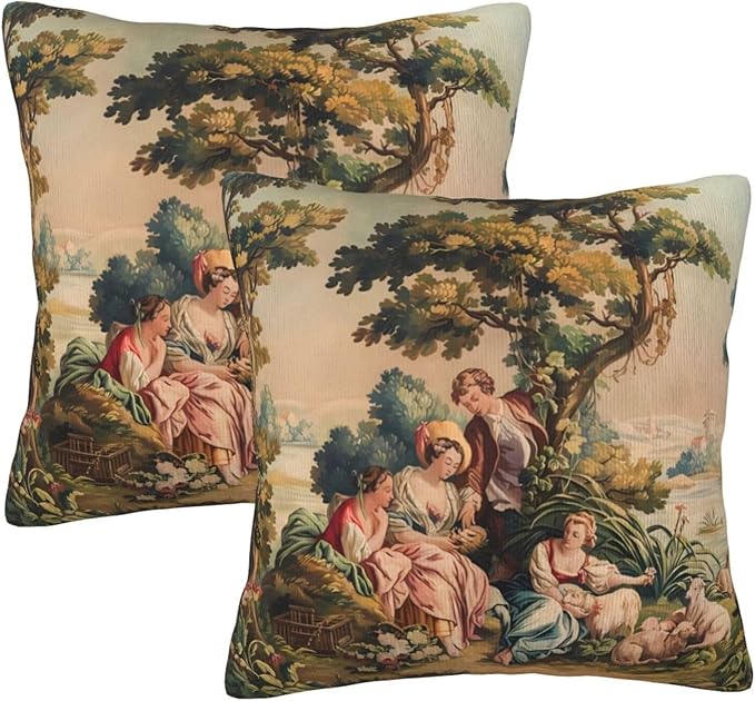 Antique French Country Tapestry Print Throw Pillow Covers Set of 2 Pillowcases Cushion Case Square for Soft Home Decor Bed Couch Car Living Room 18x18 Inch