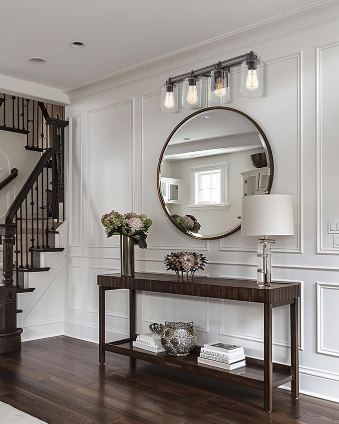 4-Light Bathroom Light Fixtures, HWH Farmhouse Vanity Wall Sconce in Oil-Rubbed Bronze Finish with Clear Glass Shade, 5HLT63B-4W ORB