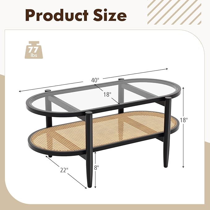MAT EXPERT Rattan Coffee Table, 2 Tier Boho Oval Living Room Table w/Glass Tabletop Wood Frame & Storage Shelf, 40’’L Mid Century Modern Tea Table, Center Table for Living Room Home Office, Black