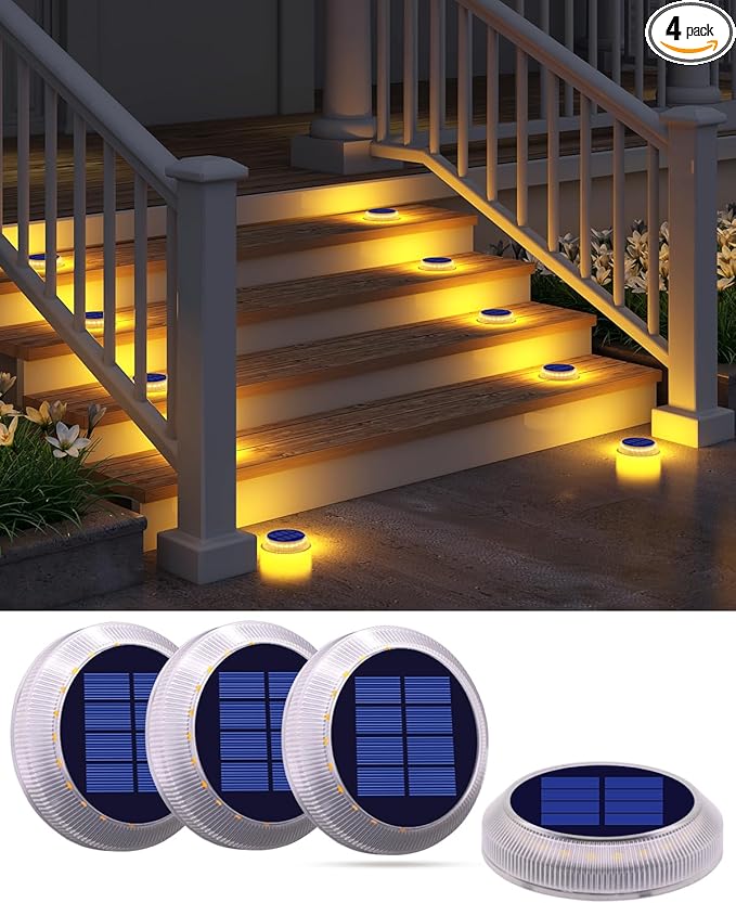 Solar Deck Lights - 4 Pack Outdoor Waterproof, Warm White Solar Step & Dock Lights for Pathway, Driveway & Ground