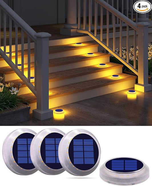Solar Deck Lights - 4 Pack Outdoor Waterproof, Warm White Solar Step & Dock Lights for Pathway, Driveway & Ground