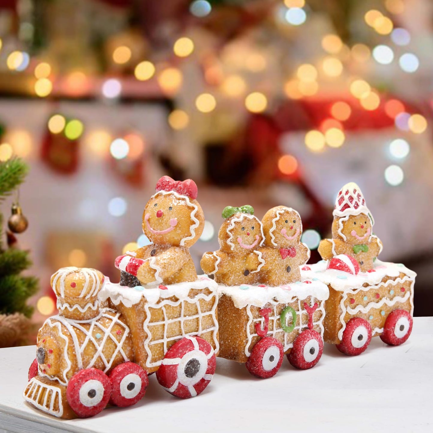 Hodao 9.25” Length Christmas Gingerbread Man Train Decorations Xmas Train Figurines Winter Decor Handmade Polyresin Gingerbread Man Figurines for Xmas Decor Gift - Christmas Party Home Decor