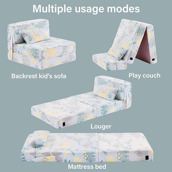 Folding Sofa Bed Floor Mattress for Kids With Pillow, Toddler Glow Washable Nap Mat for Sleeping, Child Fold Up Futon Chair Bed With Storage Bag for Girls Boys