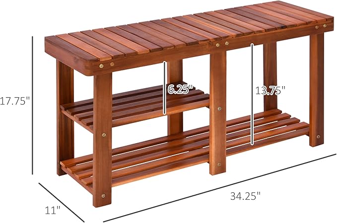 HOMCOM 3-Tier Shoe Rack Bench, Acacia Wood Shoe Organizer, Rustic Entryway Bench with Storage Shelves for Entryway, Hallway, Livingroom, Teak