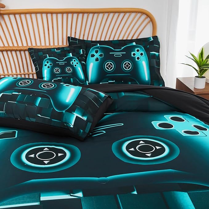 PERFEMET Gamer Bedding Set Twin Size 6-Piece Teal Blue Game Console Bed in A Bag for Boys Kids Teen 3D Black Gamepad Gaming Bedroom Collections(Teal, Twin)