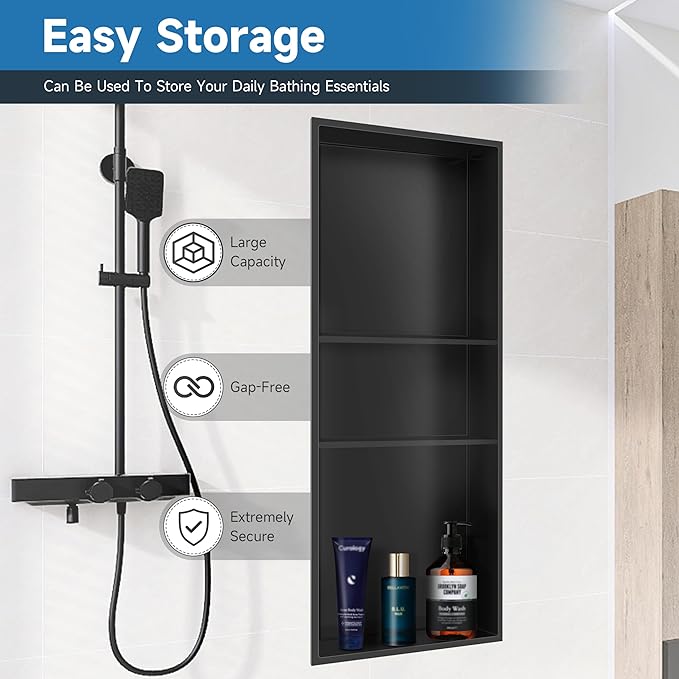 12" X 30" Stainless Steel Shower Niche Insert Tile Ready, Niche for Shower Wall, 3-Tier Recessed Shelves No Tile Needed for Bathroom Storage, Matte Black