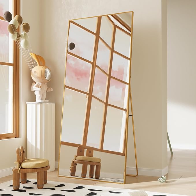 FANYUSHOW Full Length Mirror, Standing Hanging or Leaning Body Mirror, Simple Rectangle Design, Aluminum Alloy Thin Frame, Floor Mirror for Bedrooms, Bathrooms, Living Room 63"x19" (Gold)