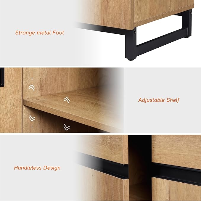 WAMPAT 3 PCS Modern 72" Tall Bookcases with Metal Base and Adjustable Shelves, Library Book Shelf with Storage Cabinet and Open Book Shelfs, Wood Bookshelves for Home Office, Living Room, Oak