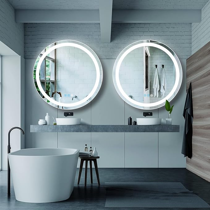 32 Inch Bathroom Round LED Mirror with Lights for Bathroom Wall Mounted Round Lighted Vanity Mirror with 3 Colors Lights Wall Mirror Dimmable Anti-fog Memory Bathroom Smart Circle LED Mirrors