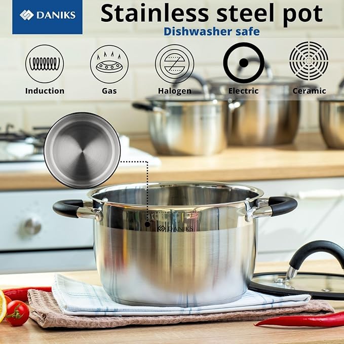Daniks Orlando 10-Piece Stainless Steel Induction Cookware Set – Dishwasher Safe Saucepan, Pots with Heatproof Handles, Glass Lids, Measuring Scale, Silver