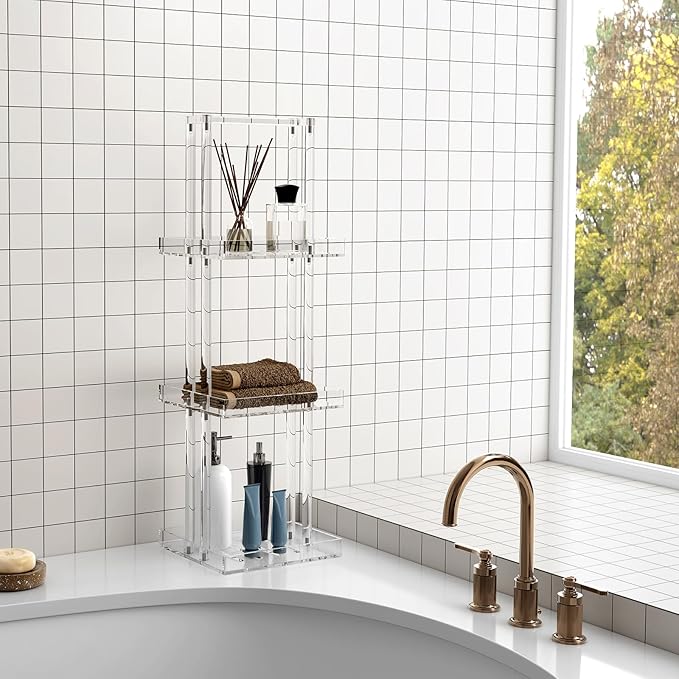 Aquiver Acrylic Standing Shower Caddy - 3 Tier Shower Organizer Stand with Handle - Corner Shower Caddy for Inside Bathroom, Bathtub, 11'' L x 10'' W x 34.6'' H, Clear