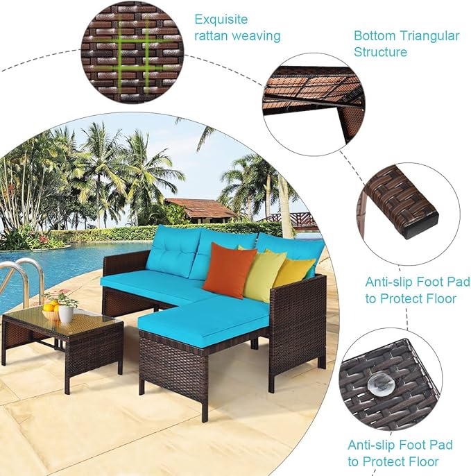 Tangkula Patio Corner Sofa Set 3 Piece, Outdoor Rattan Sofa Set, Includes Lounge Chaise, Loveseat & Coffee Table, Patio Garden Poolside Lawn Backyard Furniture