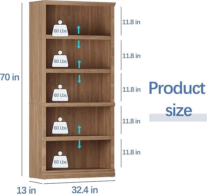 blini 5-Shelf Tall Bookcase Wooden Bookshelves 33in Wide Floor Standing Display Storage Book Shelves 70 in Oak Bookcase for Home Office, Living Room, Bed Room
