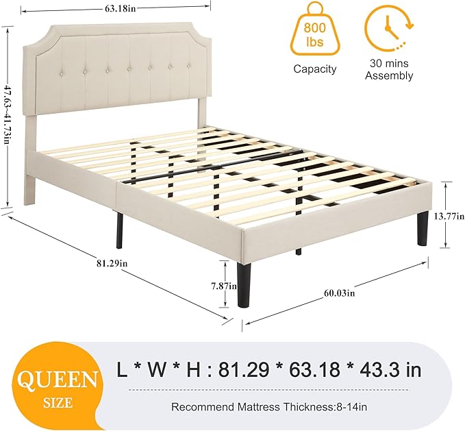 VECELO Queen Upholstered Platform Bed Frame with Adjustable Button Stitched Panel Headboard,Strong Wood Slat Support,Velcro Design,Mattress Foundation/Easy Assembly,Beige