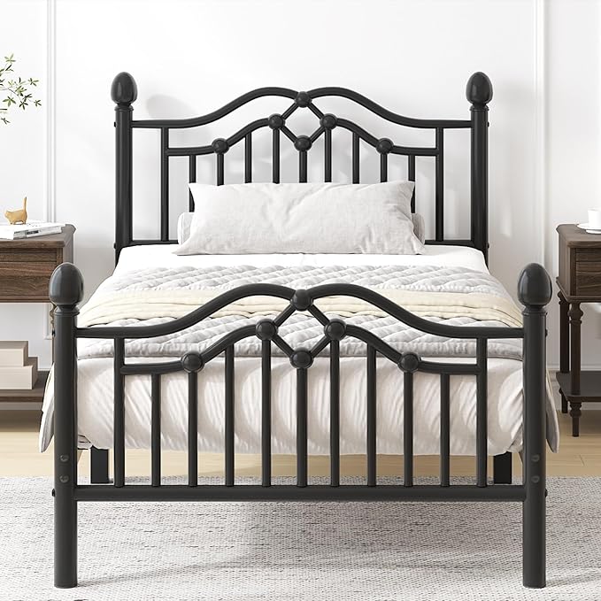 Twin Metal Platform Bed Frame for Kids, Bed Frame with Victorian Headboard and Footboard, Strong Metal Slats Support, No Box Spring Needed, Easy Assembly, Noise Free, Black
