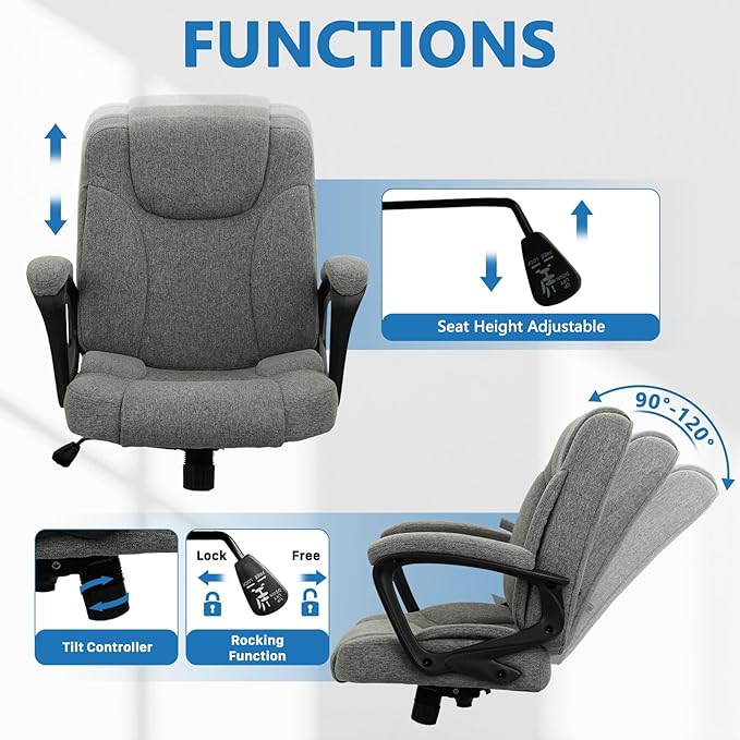 CLATINA Fabric Home Office Chair Linen Cloth Ergonomic Swivel Desk Chair with Padded Armrests, Adjustable Height Rolling Computer Task Chairs for Work, Conference, Study, Grey, 2 Pack
