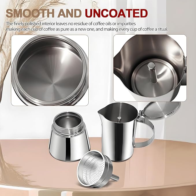 Uncoated 4 Cup Moka Pot 304 Thickened Stainless Steel Coffee Maker Stovetop Espresso Coffeemaker Italian Classic Style Brewing Greca Cafe Mocha Machine for Cafeteras Camping Travel Home 200ml 6.6oz