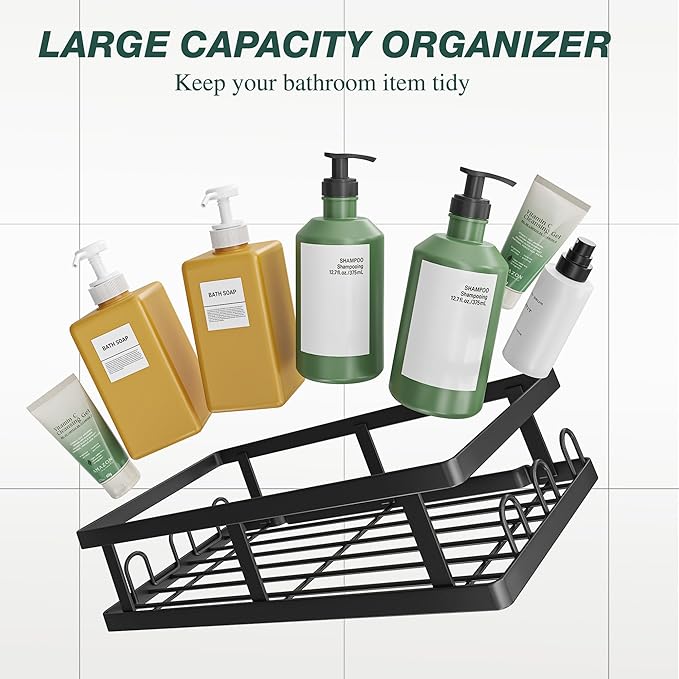 Shower Caddy Adhesive,No Drill Bathroom Organizer with Soap Holder,Large Capacity Rustproof Shelves for Inside Shower,Bathroom Organizers and Storage,Black