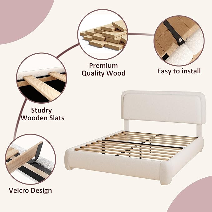 Queen Boucle Platform Bed Frame with Height Adjustable Headboard, Modern Upholstered Cloud Bed, Sleek Curved Design, No Box Spring Needed, Easy Assembly, Noise Free, White