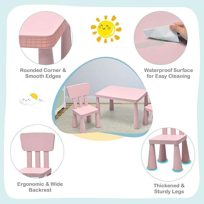 LDAILY Kids Table and Chairs, 3-Piece Children Arts Nursery Furniture for Drawing, Reading, and Painting, Light Weight Plastic Activity Kids Desk and Chair Set for Playroom, Kindergarten (Pink)