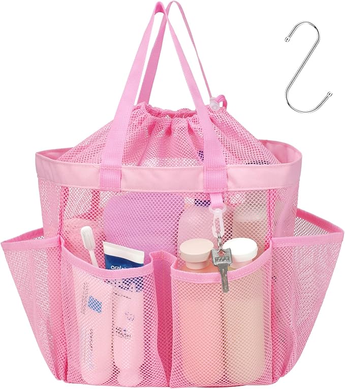 F-color Mesh Shower Caddy Portable with Drawstring - Upgrade Deeper 7 Pockets Dorm Room Essentials for Guys Girls with S Hook, Shower Bag Basket Tote for College Camping Toiletry Bathroom, Pink