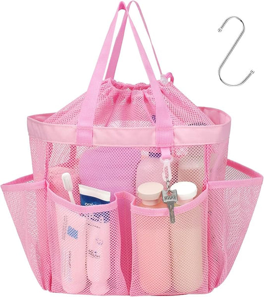 F-color Mesh Shower Caddy Portable with Drawstring - Upgrade Deeper 7 Pockets Dorm Room Essentials for Guys Girls with S Hook, Shower Bag Basket Tote for College Camping Toiletry Bathroom, Pink