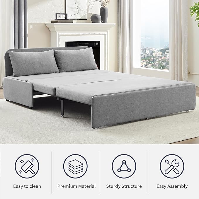 Queen Sofa Bed, Modern Pull Out Sofa Bed with Cushions & Throw Pillows, Linen Couch Beds, Convertible Sleeper Sofas Beds, Loveseat for Living Room for Small Spaces, Light Gray