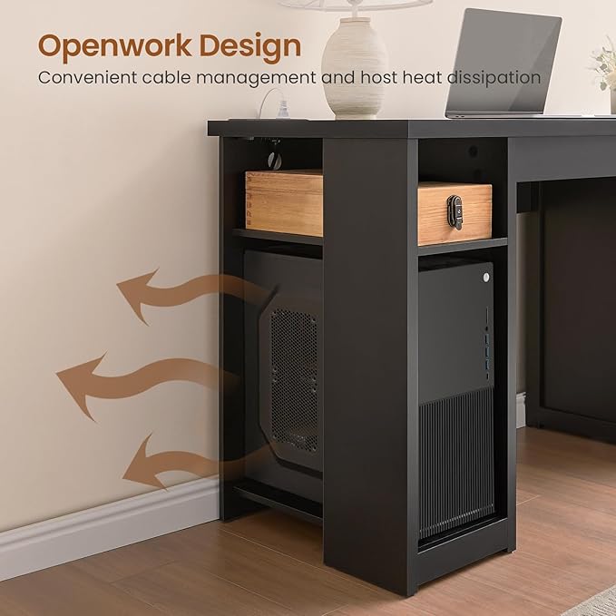 SEDETA 55.1" Rattan Computer Desk with Drawers, Office Desk with Drawers & Storage Cabinet, Farmhouse Home Office Desk with Storage, Wood Writing Desk with Power Outlets for Home Office, Black