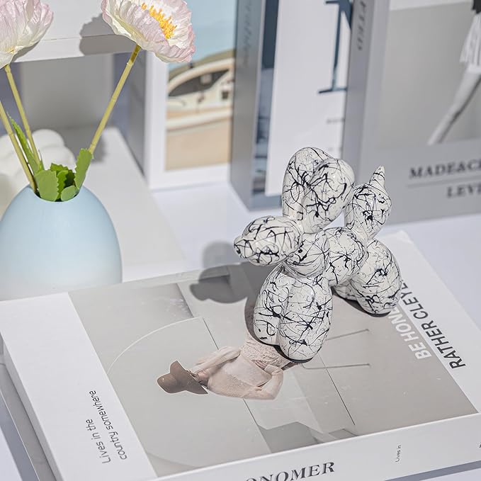 Creative Balloon Dog Statues Small Ceramic Animal Sculpture Modern Home Decor Living Room Desktop Decorations Bedroom Office Cabinet Ornament (White-B)