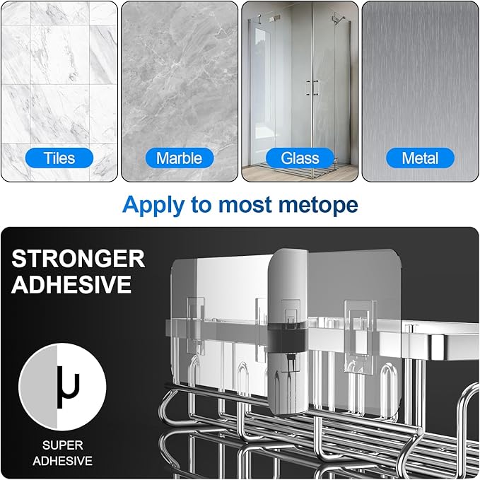 2025 New Adhesive Shower Caddy, Shower Shelves with 16 Hooks, Silvery 2 Pack