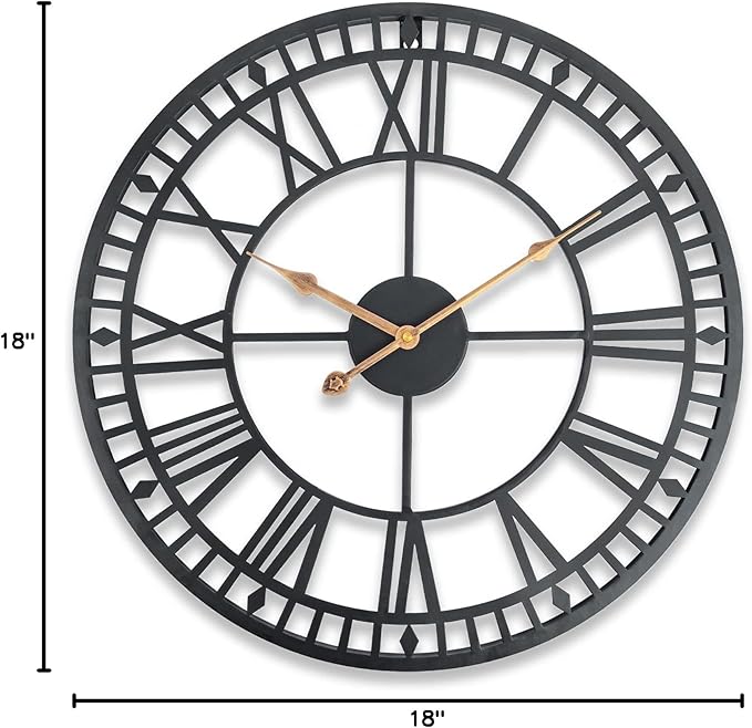 18 Inch Wall Clock for Living Room Decor, Silent Non-Ticking Battery Operated Metal Wall Clock, Indoor Outdoor Clocks with Roman Numerals, Black