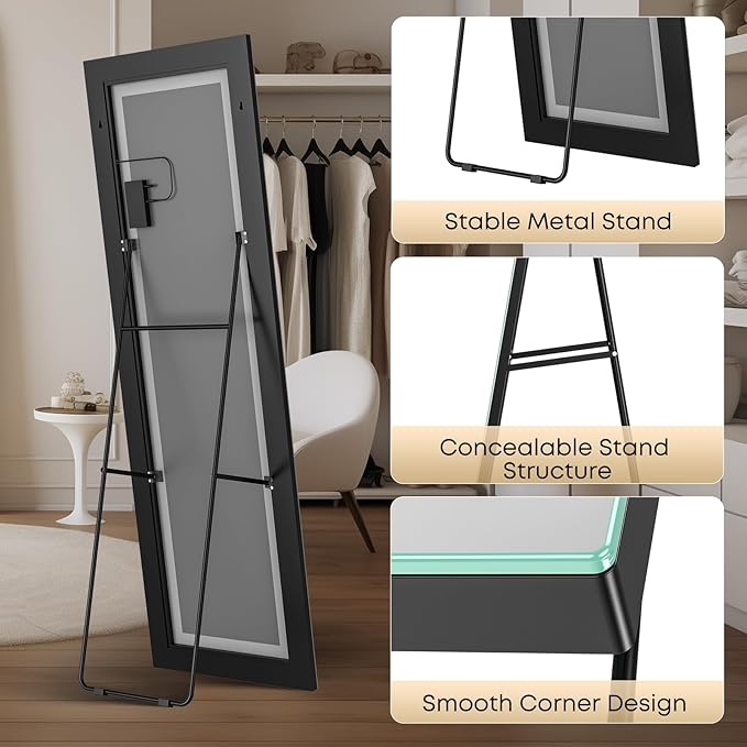 64" x 22" Full Length Tempered Glass LED Floor Mirror - Big Wall/Standing Mirror with Lights, Dimmable Touch Screen & Adjustable Color (White/Warm Light), Full Body Mirror for Bedroom, Dressing Room