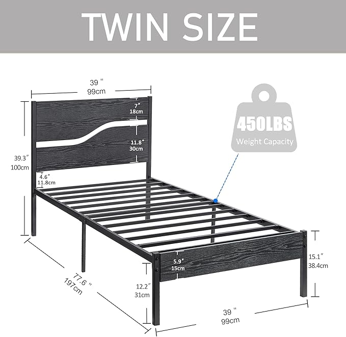 VECELO Twin Bed Frame with Wood Headboard, Solid and Strong Metal Support, No Box Spring Needed