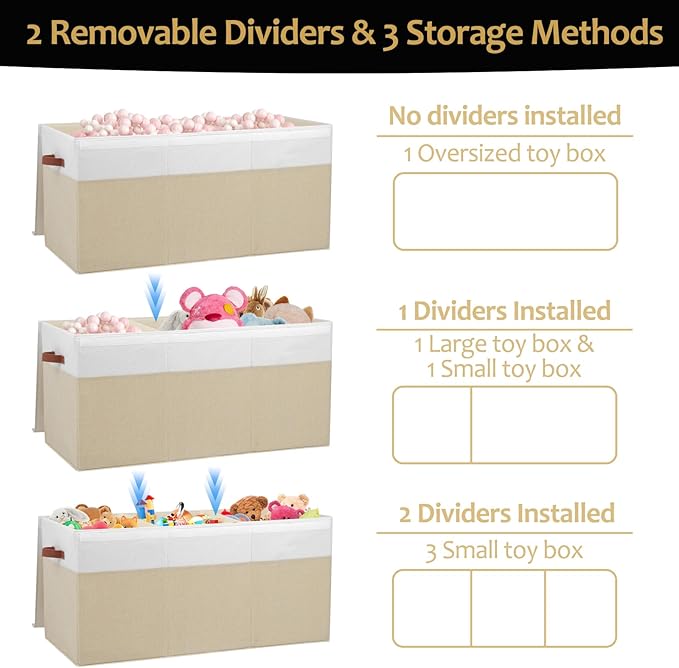 Extra Large Toy Storage Box with Lid, Sturdy Toys Storage Chest Bin Organizer Basket with Dividers for Kids, Boys, Girls, Nursery, Closet, Bedroom, Playroom 35.5"x17" x17" (Beige and White)