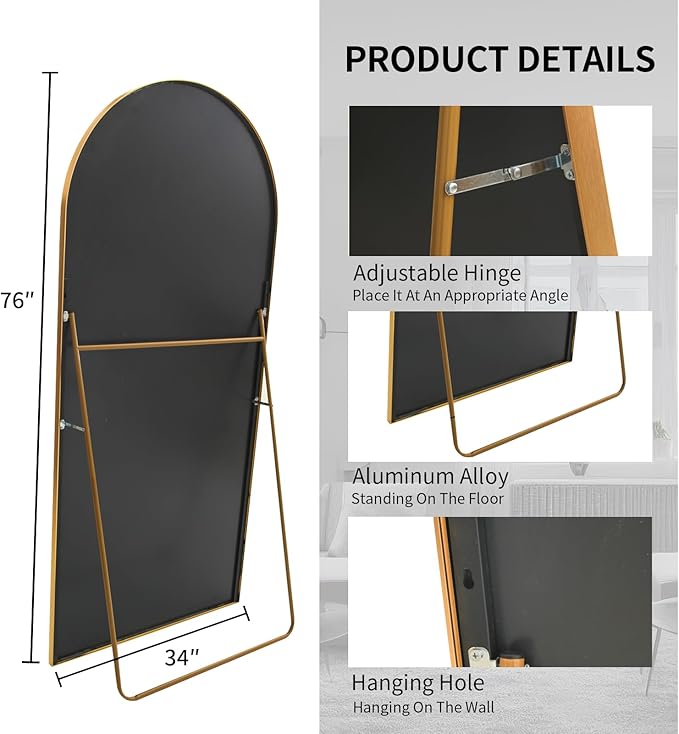 Beauty4U 76" x 34" Large Arched Full Length Mirror with Stand, Gold Wall Mounting Full Body Tempered Mirror, Metal Frame Full-Length Mirror for Living Room, Bedroom