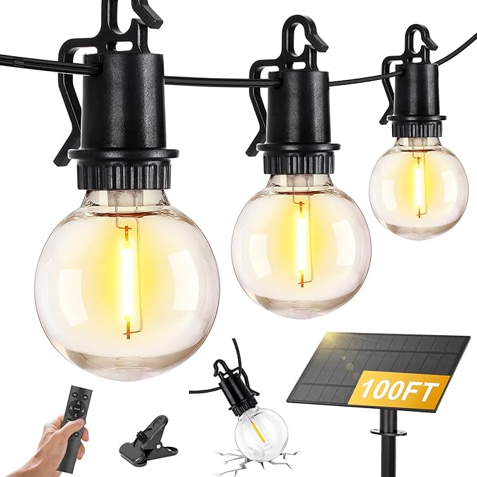 100FT Solar Lights Outdoor String Lights Waterproof G40 Patio lights Solar Powered with Remote USB Port 30+2 LED Shatterproof Bulbs 3 Light Modes, Dimmable Solar Lights for Camping for Porch Backyard