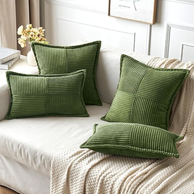 MIULEE Decorative Throw Pillow Covers for Couch Bed Livingroom 16x16 Inch Set of 2 Moss Green Boho Accent Throw Pllows Broadside Striped Patchwork Soft Corduroy Summer Pillowcases