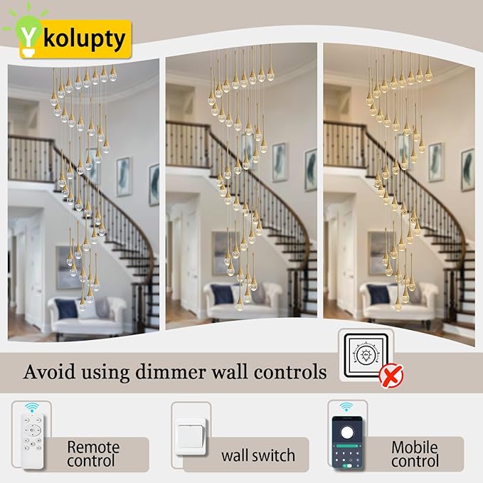 H150 Spiral Chandelier Lighting Modern Gold Chandelier Light Fixture for Foyer Hallway Crystal Chandeliers for High Ceilings Suitable for Sloping Ceiling 2700-6000k Dimmable