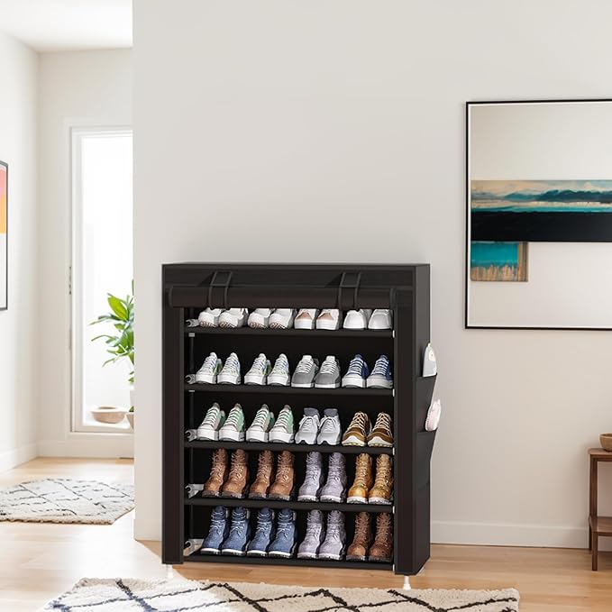 Laiensia 5-Tier Vertical Shoe Rack Organizer, Space Saving Shoe Storage Organizer, Non-Woven Cover Shoe Shelf Holds 20-25 Pairs for Bedroom, Hallway, Closet Entryway, Black