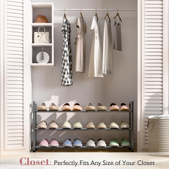 Bumusty 3-Tier Expandable Shoe Rack for Closet, 18“-33” Adjustable Shoe Rack for Small Space, Small Shoe Organizer for Front Door, Sturdy Metal, Gray