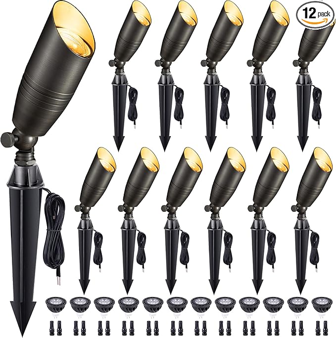 Die-Cast Brass Spot Light Outdoor - 12V LED Uplighting Waterproof, Low Voltage Landscape Lights Direct Wire, Bronze for Fence Fountain with Warm White MR16 Replaceable Bulbs (12 Pack)
