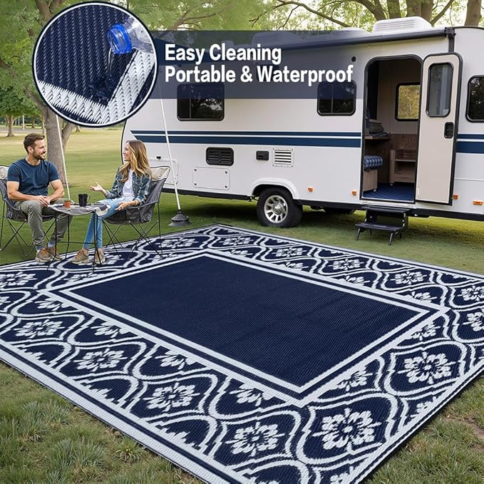 Outdoor Rug 8x10 Patio Camping Carpet Waterproof Mat Blue Outside Plastic Area Rug Reversible Rugs for RV Deck Entryance Porch Picnic Balcony Beach(8x10ft Navy Blue&White)