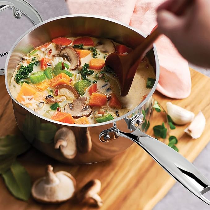 Rorence Stainless Steel Sauce pan: Saucepan with Pour Spouts, Capsule Bottom & Tempered Glass Lid - 2.5 Quart