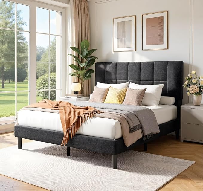 Pipishell Queen Size Bed Frame Upholstered Platform Full Size Bed Frame with Adjustable Headboard,1300 lbs Strong Weight Capacity, Fully Upholstered Mattress Foundation,No Box Spring Needed, Dark Grey
