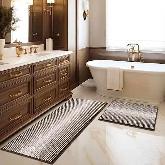 BSICPRO Bathroom Rugs and Mats Sets, 2 Piece Thick Absorbent Chenille Bath Mat Rug Set Non Slip, Soft Shaggy Bath Room Floor Mats for Bathroom, Machine Washable (Brown, 20" x 47" Plus 16" x 24")