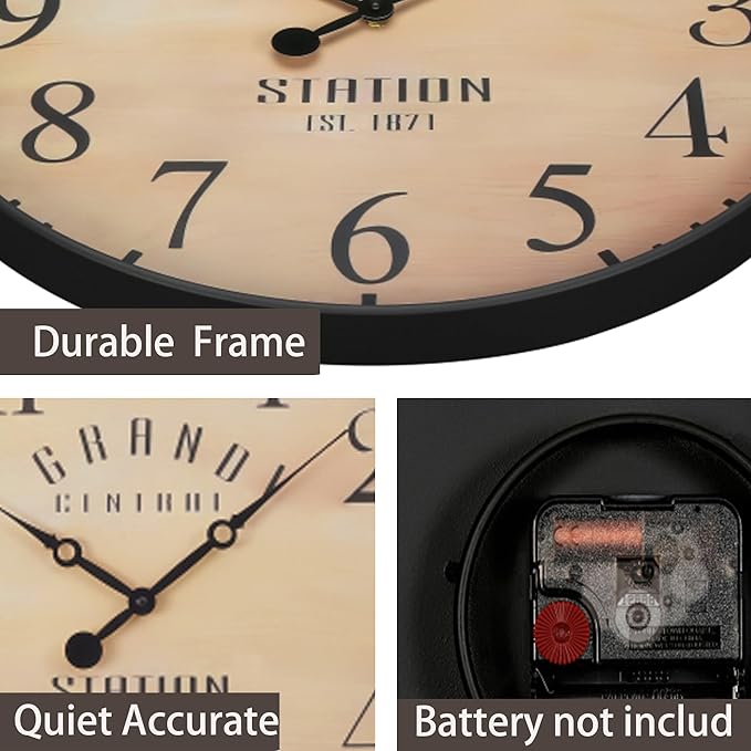 16 Inch Vintage Wall Clock, Silent Non-Ticking Quartz Battery Operated Decorative Clock for Home, Kitchen, Living Room, Dining Room, Office, Brown Arabic Number