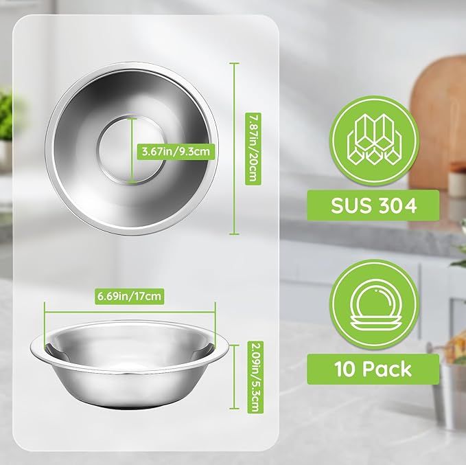 304(18/8) Stainless Steel Mixing Bowls for Kitchen, 10 Pack 7.8" 28.89 fl.oz Metal Mixing Bowls Set Stackable for Baking Serving Cooking Food Prep Storage Dishwasher Safe Lightweight