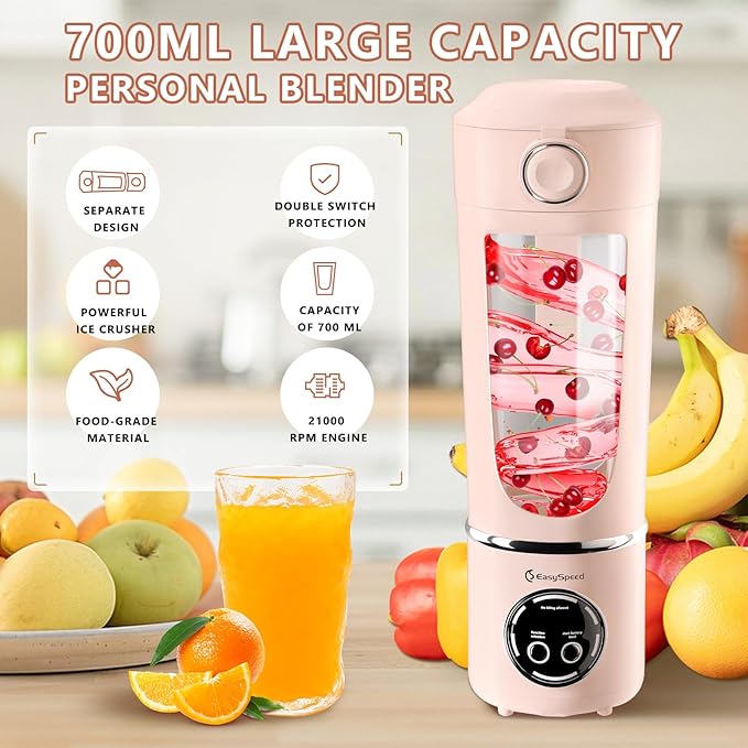 EasySpeed Personal Portable Blender,USB Type-C Rechargeable,700ml Juicer Cup,12 Stainless Steel Blades,4 Gear Modes,1500mAh Battery Capacity,Perfect for Fresh Juice at Home (Pink)
