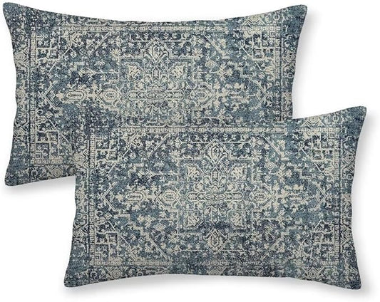Navy Blue Boho Pillow Covers 12x20 Set of 2, Carpet Pattern Outdoor Decorative Throw Pillows Ethnic Rustic Farmhouse Cushion Cases Linen Gifts for Couch Sofa Decor